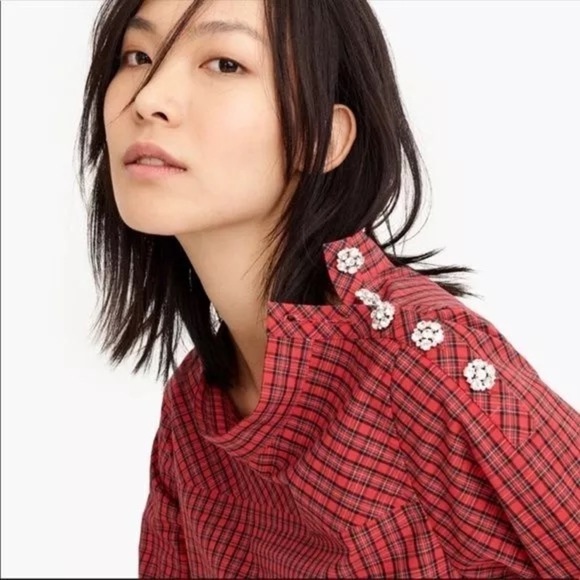 J. Crew Jewel Button Funnel Neck Plaid Shirt Size 6 - Picture 3 of 6